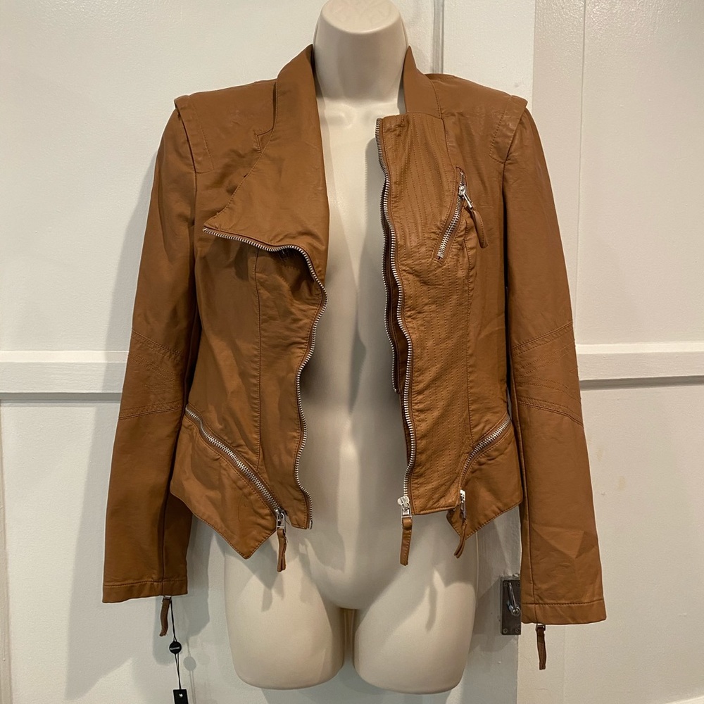 Blank NYC vegan leather moto jacket brown